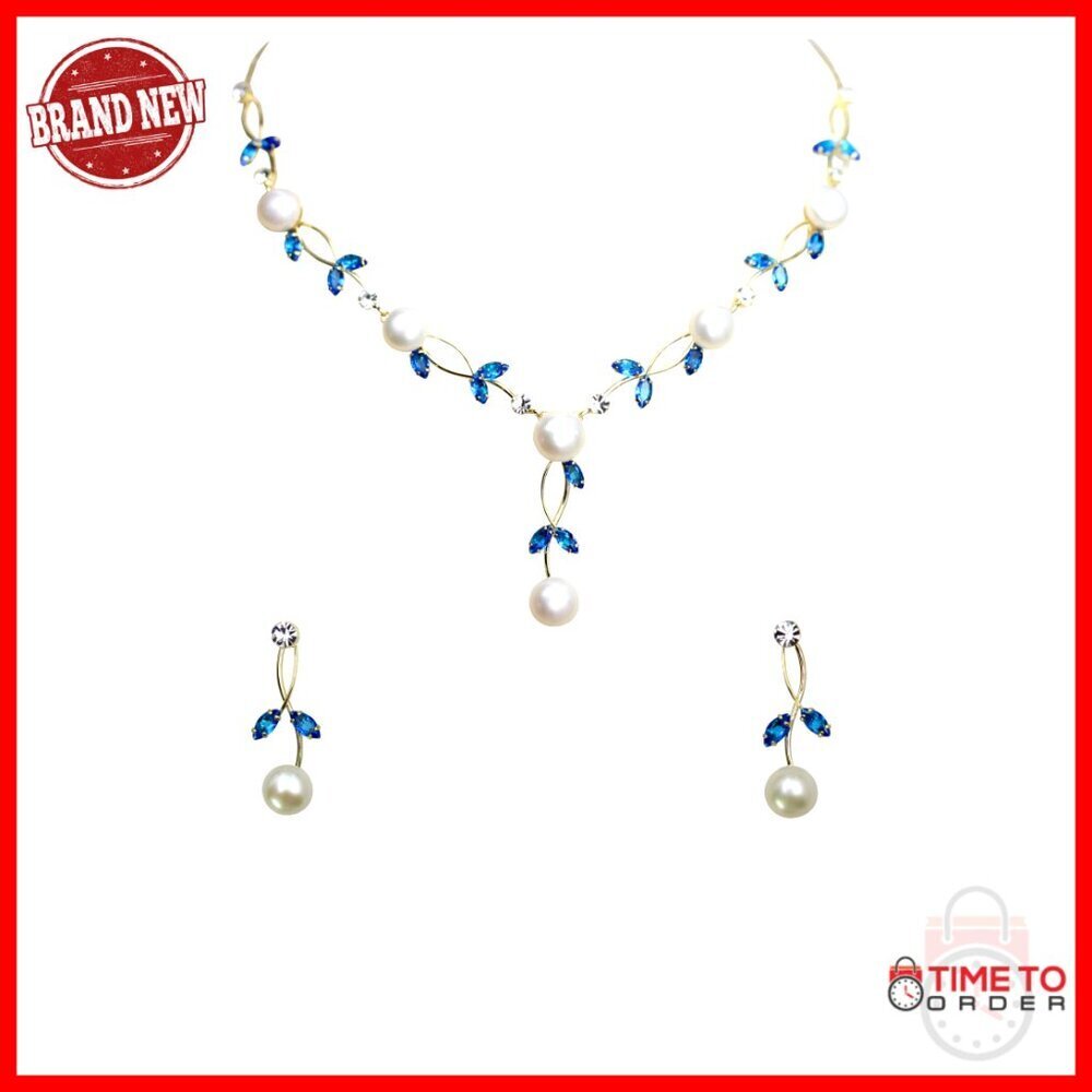 Elegant Floral Necklace Earrings Set Cubic Zirconia Freshwater Pearls Bridal